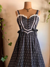 Load image into Gallery viewer, Authentic 1970&#39;s vintage black snowflake calico Gunne Sax maxi sundress
