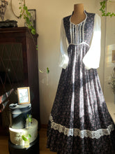 Load image into Gallery viewer, Authentic 1970’s Vintage Black Calico Gunne Sax Maxi Dress
