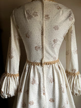 Load image into Gallery viewer, Medieval 1960&#39;s vintage Ivory Flocked Poplin black label Gunne Sax dress
