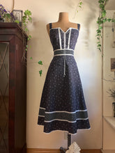 Load image into Gallery viewer, Authentic 1970&#39;s vintage coal black calico Gunne Sax midi peplum sundress

