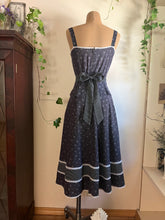 Load image into Gallery viewer, Authentic 1970&#39;s vintage coal black calico Gunne Sax midi peplum sundress
