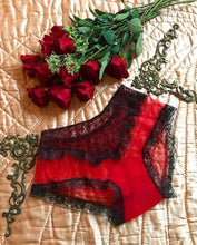 Load image into Gallery viewer, Authentic 1960’s vintage red chiffon and black lace panties
