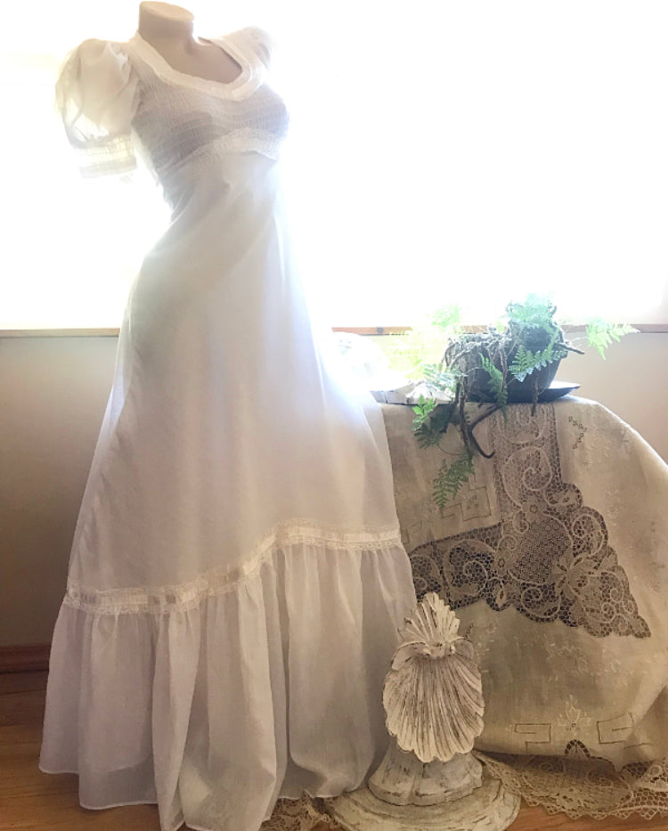 Authentic 1970's vintage smocked white voile dress by Jody T
