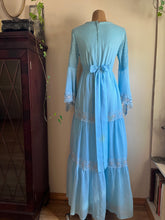 Load image into Gallery viewer, 1970’s Vintage Sky Blue smocked Angel Sleeve Maxi Dress
