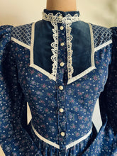 Load image into Gallery viewer, Authentic 1970’s vintage navy calico Gunne Sax midi duster dress
