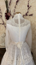 Load image into Gallery viewer, Dreamy 1970’s Vintage Lace and Pearl Wedding Gown with Train
