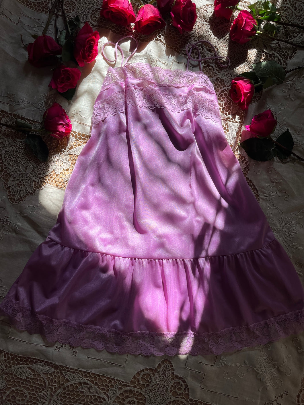 1970’s Vintage Lavender Purple Nylon and Lace Chemise Camisole Top