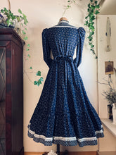 Load image into Gallery viewer, Authentic 1970’s vintage navy calico Gunne Sax midi duster dress
