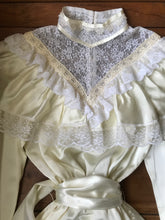 Load image into Gallery viewer, Authentic 1970’s Vintage Ivory Satin and Lace Gunne Sax Bridal dress
