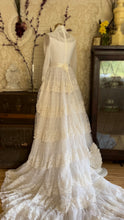 Load image into Gallery viewer, Dreamy 1970’s Vintage Lace and Pearl Wedding Gown with Train
