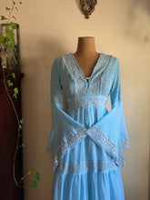 Load image into Gallery viewer, 1970’s Vintage Sky Blue smocked Angel Sleeve Maxi Dress
