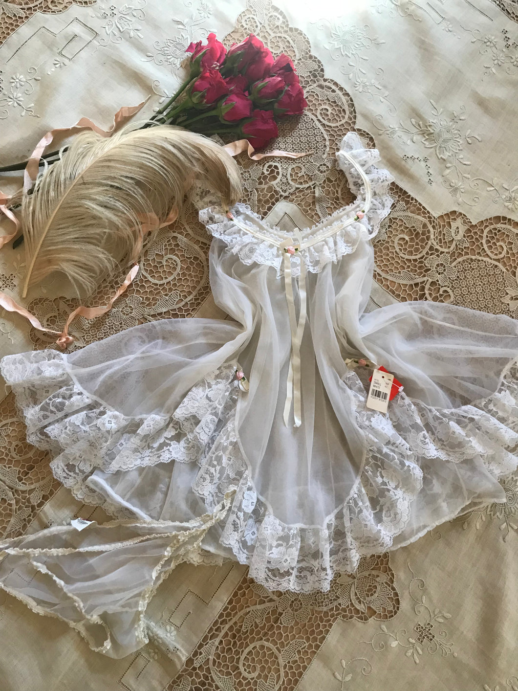 Deadstock 1970s Vintage White Nylon Chiffon & Lace Chemise and Panty Set