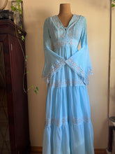 Load image into Gallery viewer, 1970’s Vintage Sky Blue smocked Angel Sleeve Maxi Dress
