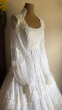 Load image into Gallery viewer, Dreamy 1970’s Vintage Lace and Pearl Wedding Gown with Train
