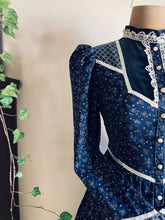 Load image into Gallery viewer, Authentic 1970’s vintage navy calico Gunne Sax midi duster dress
