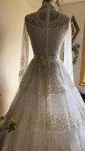 Load image into Gallery viewer, Dreamy 1970’s Vintage Lace and Pearl Wedding Gown with Train
