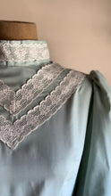 Load image into Gallery viewer, Sale~ Handmade 1970’s Vintage Sea Foam Green Calico Puff Sleeve Midi Dress
