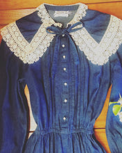 Load image into Gallery viewer, Authentic 1970’s 1980’s vintage denim and crochet dress by Act 1
