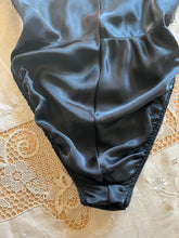 Load image into Gallery viewer, 1980’s Vintage Black Satin High Cut Teddy by Laura Faye
